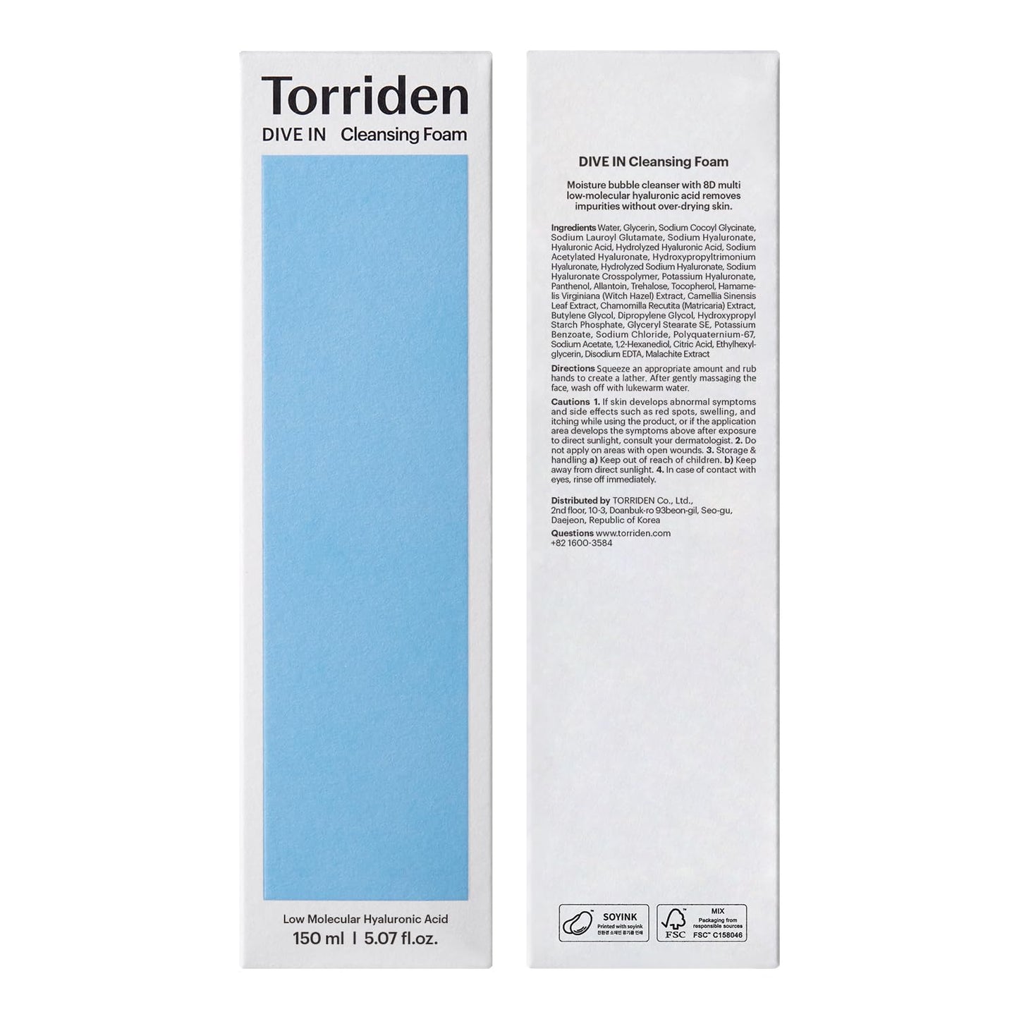 Torriden DIVE IN Cleansing Foam Face Wash 150ml (5.07 fl.oz.) | Hydrating Daily Facial Cleanser for All and Sensitive Skin | Hyaluronic Acid, Panthenol, Allantoin