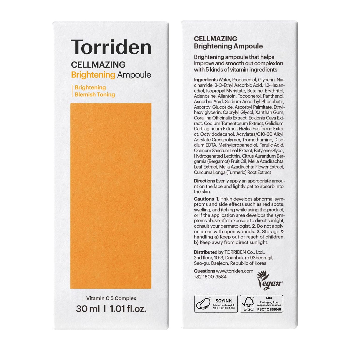 Torriden CELLMAZING Vita C Ampoule 30ml (1.01 fl.oz.) | Refining Sagging Pores and Skin Texture | 5D Vitamin C, Seaweed Complex, Panthenol | Korean Facial Serum