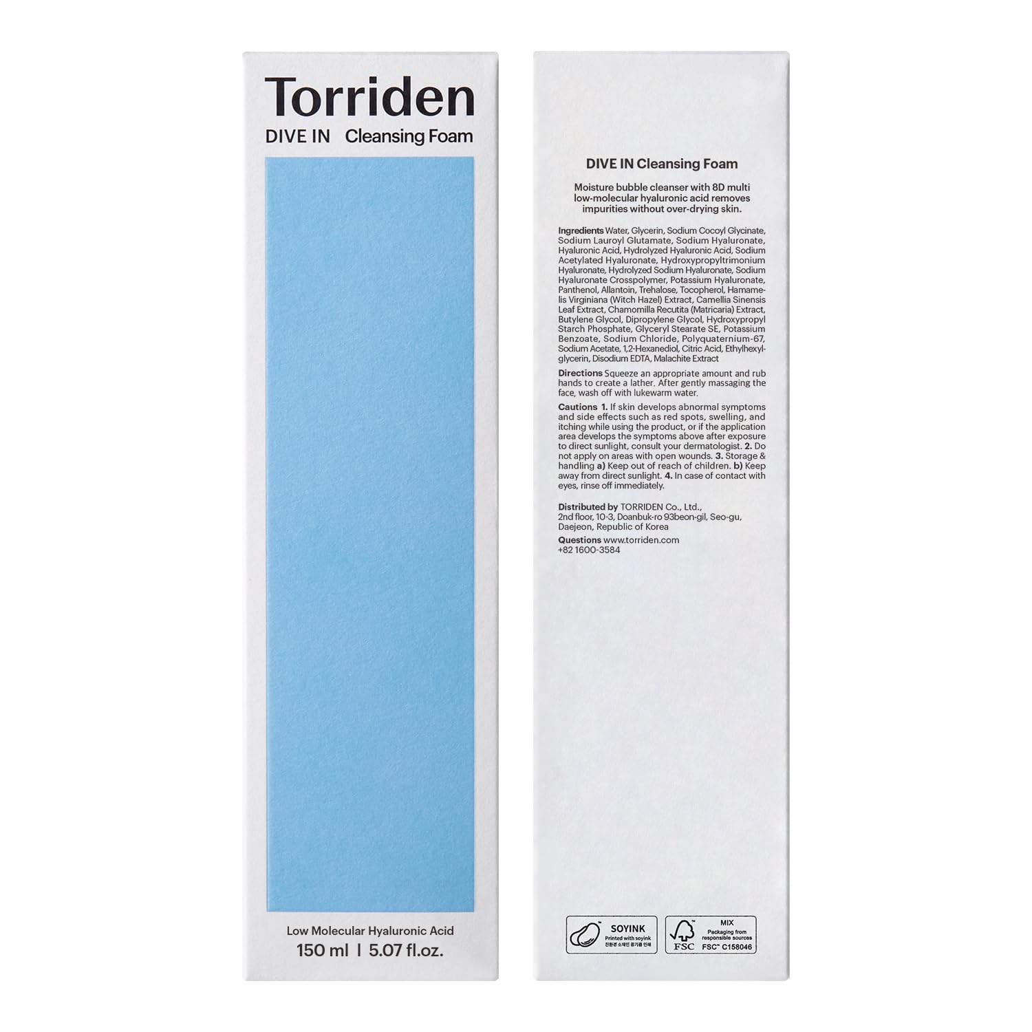 Torriden DIVE IN Cleansing Foam Face Wash 150ml (5.07 fl.oz.) | Hydrating Daily Facial Cleanser for All and Sensitive Skin | Hyaluronic Acid, Panthenol, Allantoin