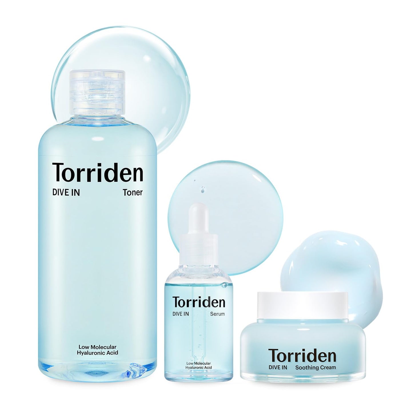 Torriden DIVE-IN Low-Molecular Hyaluronic Acid Serum, 1.69 fl oz + Toner 10.14 fl oz + Soothing Cream 3.38 fl oz | Vegan Clean Cruelty Free Facial Ampoule Moisturizer Alcohol-free Fragrance-free