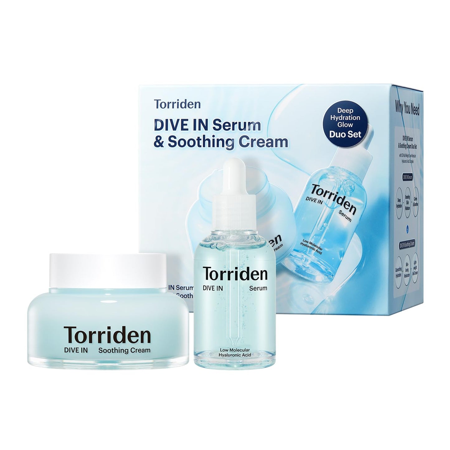 Torriden DIVE IN Serum 1.69 fl.oz. + Soothing Cream (Jar) 3.38 fl.oz. | Hyaluronic Acid Care Set | Deep Hydrating Skin Care to Get Glass Skin