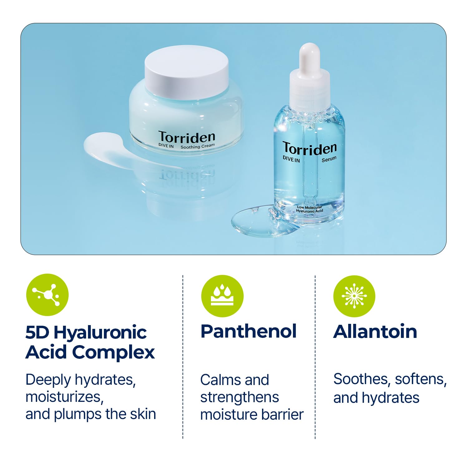 Torriden DIVE IN Serum 1.69 fl.oz. + Soothing Cream (Jar) 3.38 fl.oz. | Hyaluronic Acid Care Set | Deep Hydrating Skin Care to Get Glass Skin