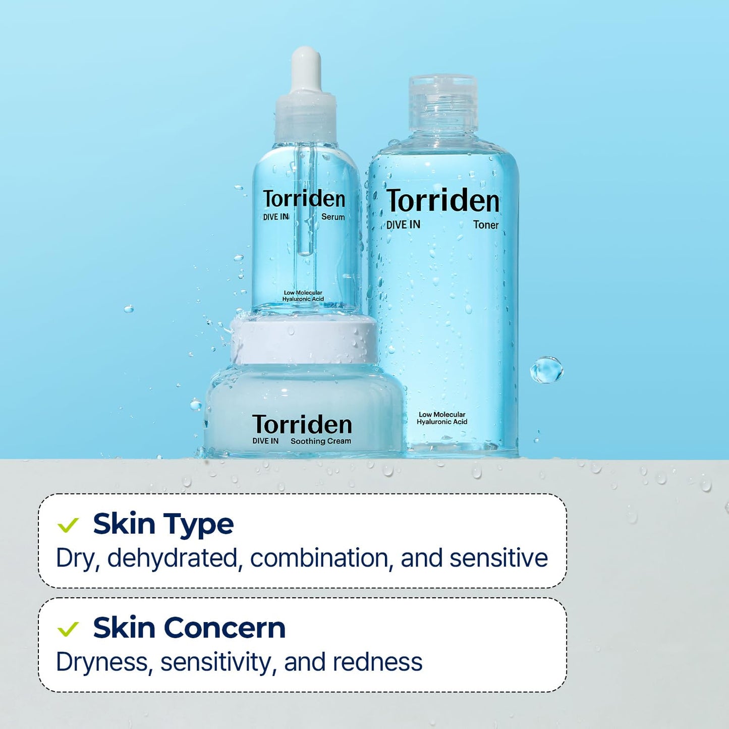 Torriden DIVE-IN Low-Molecular Hyaluronic Acid Serum, 1.69 fl oz + Toner 10.14 fl oz + Soothing Cream 3.38 fl oz | Vegan Clean Cruelty Free Facial Ampoule Moisturizer Alcohol-free Fragrance-free