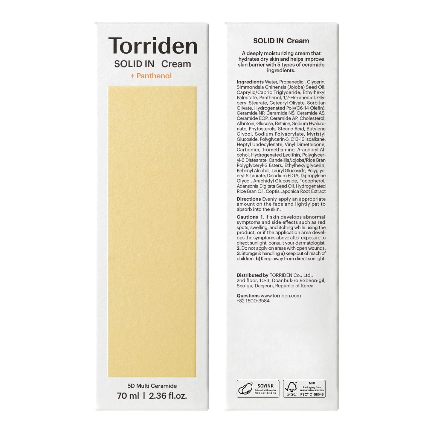 Torriden SOLID IN Ceramide Cream 70ml (2.36 fl. oz.) | Ceramide Moisturizer for Healthy Skin Barrier, Soothing, Nourishing | 5 types of Ceramide, Allantoin, Panthenol