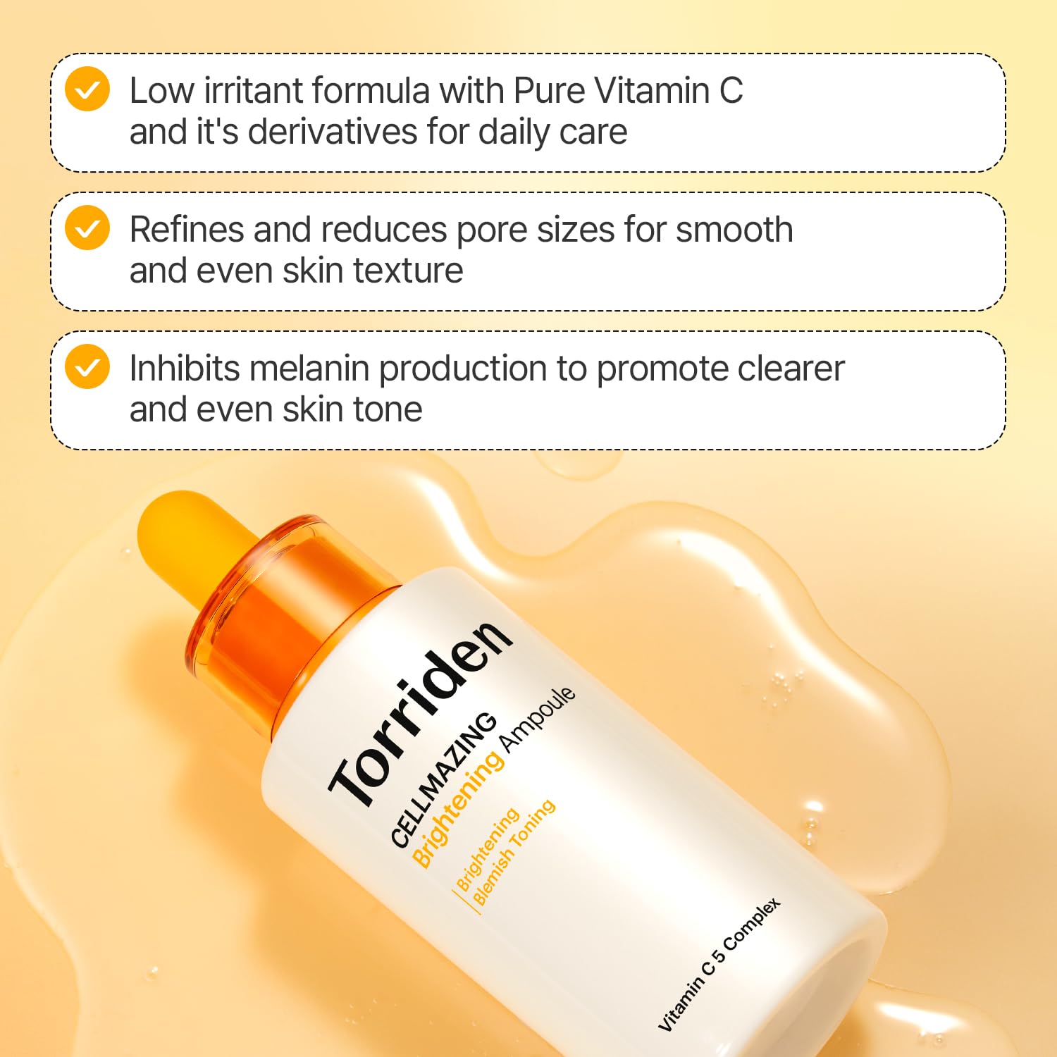 Torriden CELLMAZING Vita C Ampoule 30ml (1.01 fl.oz.) | Refining Sagging Pores and Skin Texture | 5D Vitamin C, Seaweed Complex, Panthenol | Korean Facial Serum