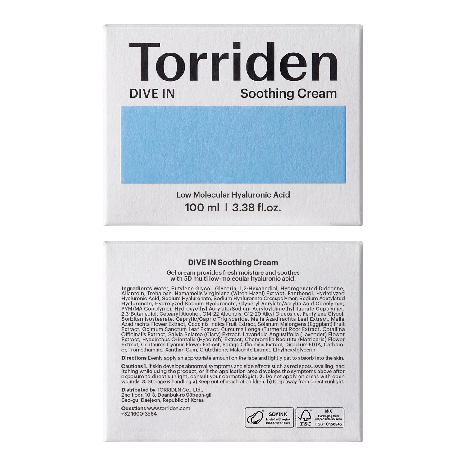 Torriden DIVE IN Hyaluronic Acid Soothing Cream 100ml (3.38 fl. oz) | Revitalizing Facial Moisturizer for Sensitive and Dry Skin | Hyaluronic Acid, Panthenol, Allantoin