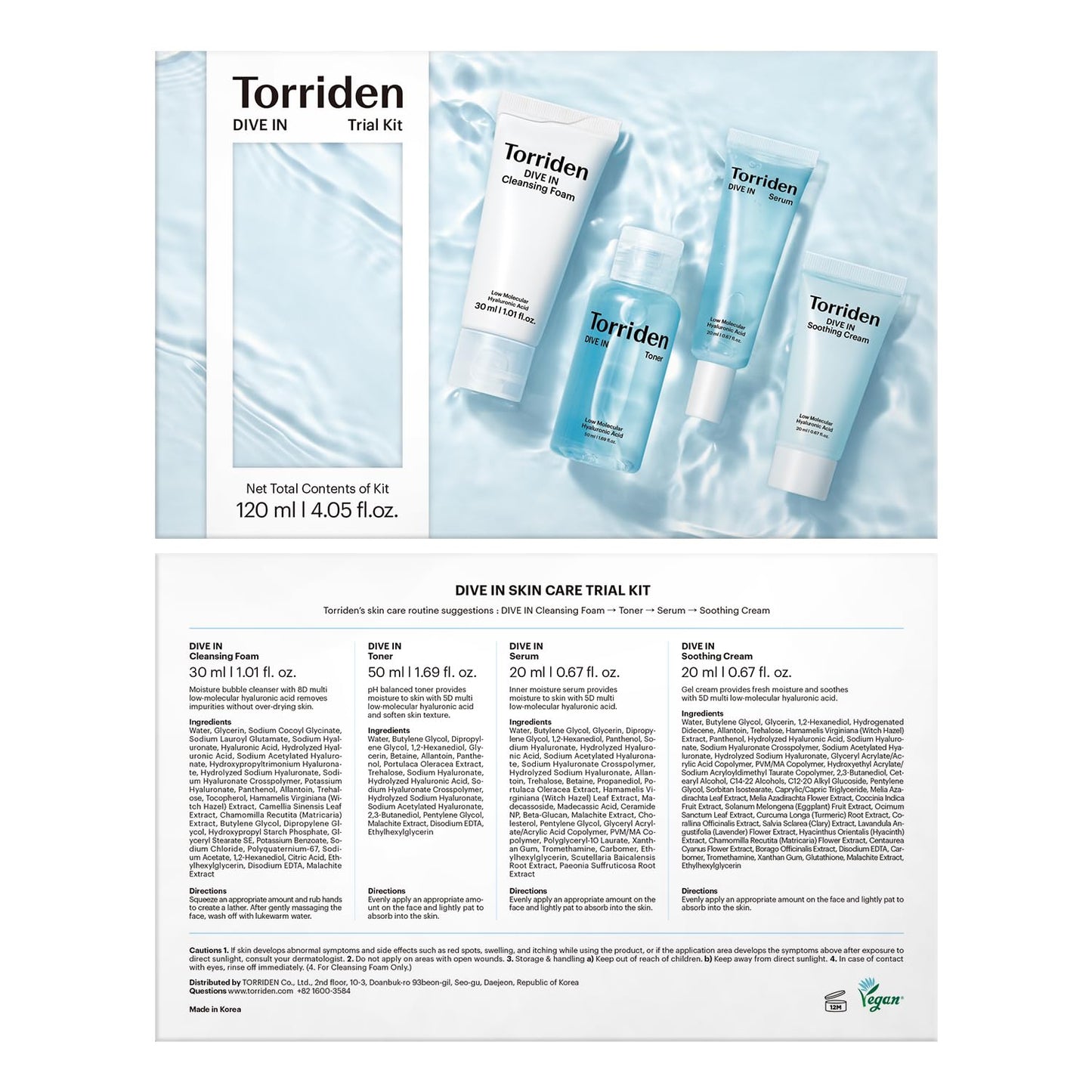 Torriden DIVE IN Trial Kit | Hyaluronic Acid Infused Daily Skincare Kit - 4 Step Regimen with Foam Cleanser, Facial Toner, Serum, and Cream | Korean Skin Care Travel Kit, Travel Essential