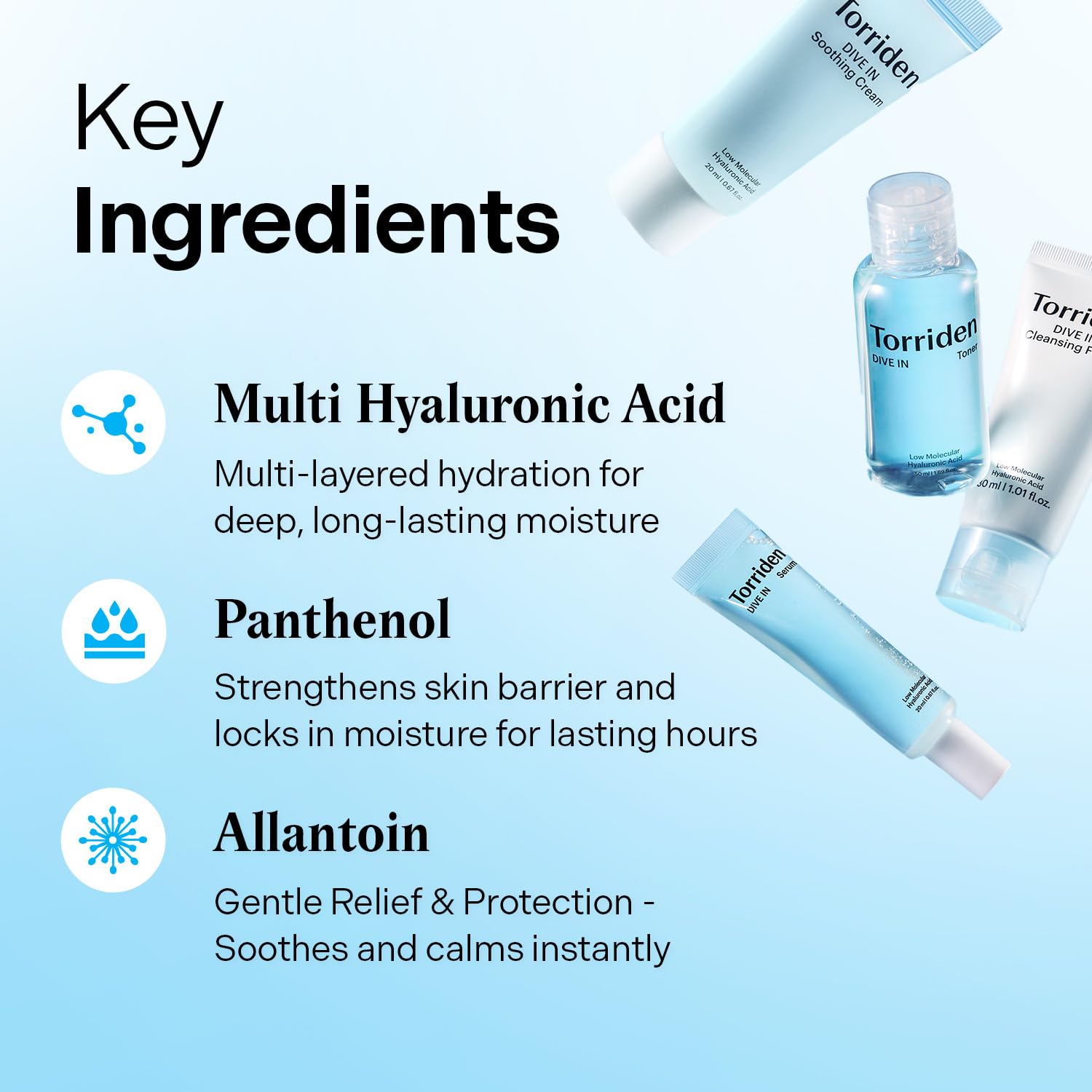 Torriden DIVE IN Trial Kit | Hyaluronic Acid Infused Daily Skincare Kit - 4 Step Regimen with Foam Cleanser, Facial Toner, Serum, and Cream | Korean Skin Care Travel Kit, Travel Essential