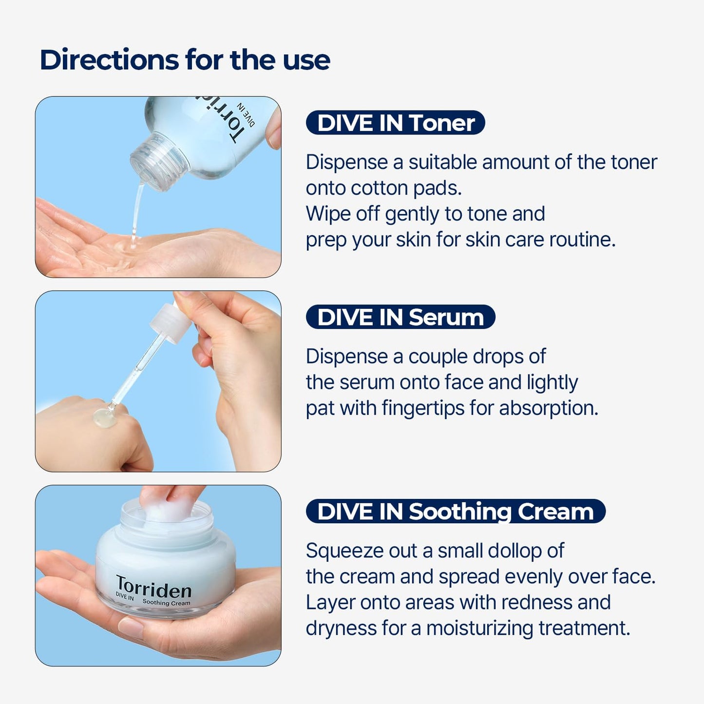 Torriden DIVE-IN Low-Molecular Hyaluronic Acid Serum, 1.69 fl oz + Toner 10.14 fl oz + Soothing Cream 3.38 fl oz | Vegan Clean Cruelty Free Facial Ampoule Moisturizer Alcohol-free Fragrance-free