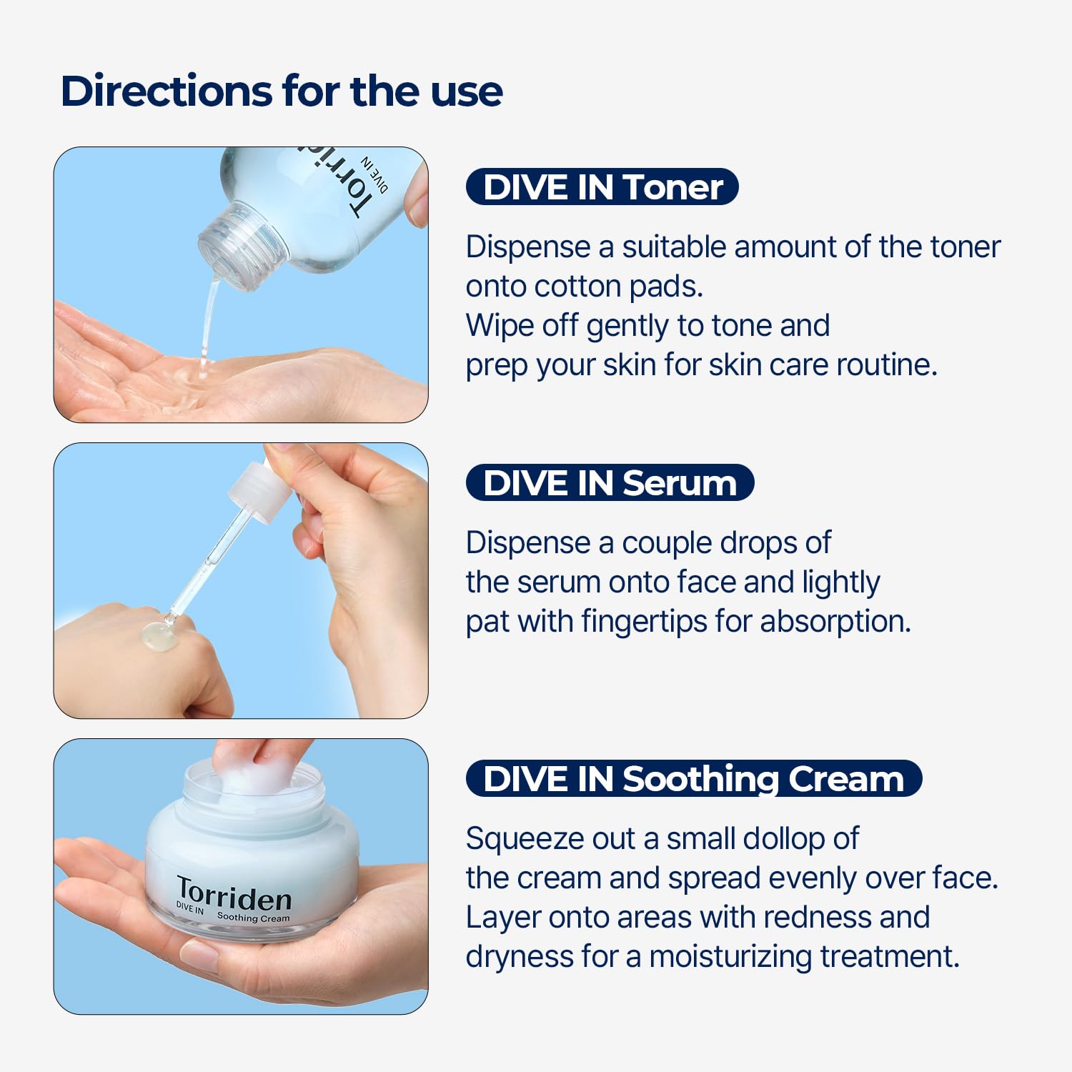 Torriden DIVE-IN Low-Molecular Hyaluronic Acid Serum, 1.69 fl oz + Toner 10.14 fl oz + Soothing Cream 3.38 fl oz | Vegan Clean Cruelty Free Facial Ampoule Moisturizer Alcohol-free Fragrance-free