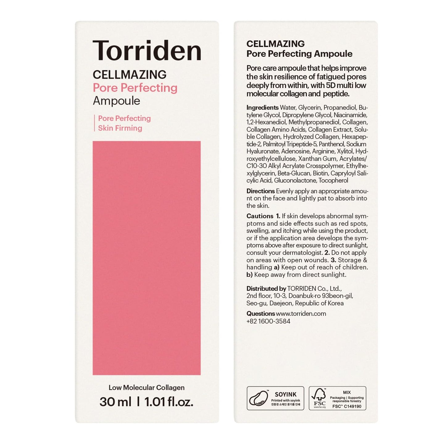 Torriden CELLMAZING Pore Perfecting Ampoule 30ml (1.01 fl.oz.) | Improving Skin Elasticity | 5D Collagen, Peptide Complex, PHA, LHA | Korean Facial Serum, Korean Skin Care
