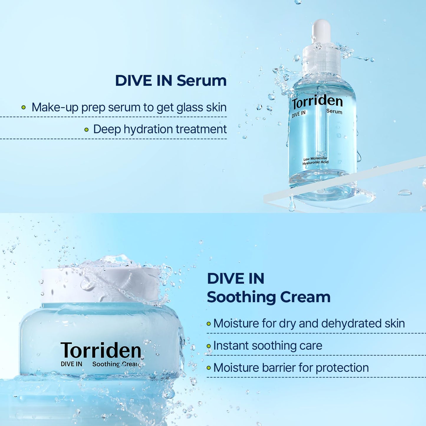 Torriden DIVE IN Serum 1.69 fl.oz. + Soothing Cream (Jar) 3.38 fl.oz. | Hyaluronic Acid Care Set | Deep Hydrating Skin Care to Get Glass Skin